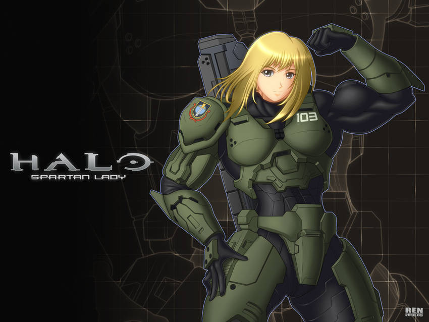 biceps blonde_hair flex flexing halo_(game) muscle muscles muscular muscular_female pose ren_(tainca2000) spartan spartan_(halo)