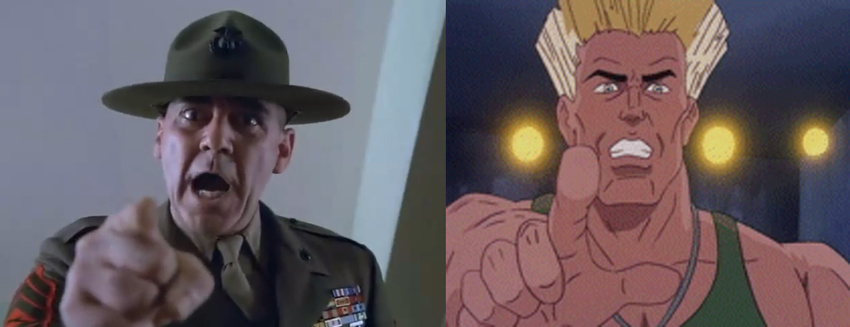 2boys america angry blonde_hair capcom clenched_teeth comedy comparison family_man full_metal_jacket guile gunny humor looking_at_viewer manly military military_uniform multiple_boys muscle open_mouth parody photo pointing_at_viewer screencap sgt_hartman soldier street_fighter teeth uniform
