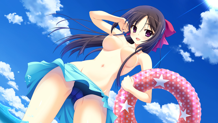 1girl ama_ane bikini breasts brown_hair cameltoe game_cg hair_ribbon innertube kikurage kikurage_(plastic_people) navel nipples peassoft purple_eyes ribbon sarong sky solo submerged swimsuit topless yashima_otome