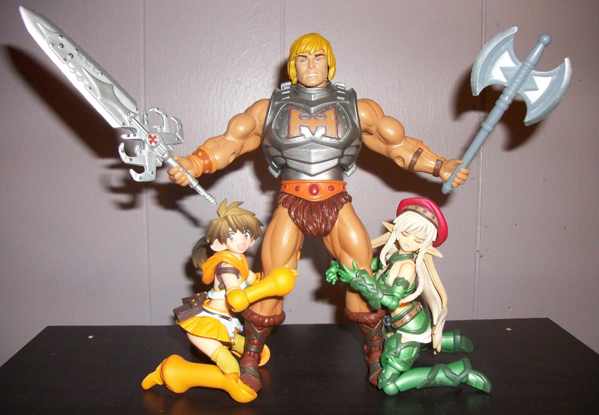 2girls absurdres alleyne alleyne_(queen's_blade) axe barbarian battle_axe blonde_hair breastplate brown_hair closed_eyes double_bladed_axe elf elves eyes_closed figure he-man highres holding kneeling masters_of_the_universe multiple_girls muscle nowa photo pointy_ears queen's_blade queen's_blade revoltech sword weapon weapons