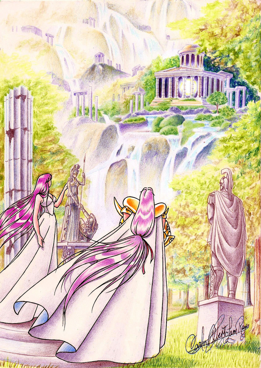 aries_muu armor art athena athena_(saint_seiya) cape color_pencils dress goddess greece greek greek_mythology highres illustration kido_saori kidou_saori knight lemurian long_hair nature polearm ruins saint_seiya saori_kido spear statue temple very_long_hair weapon