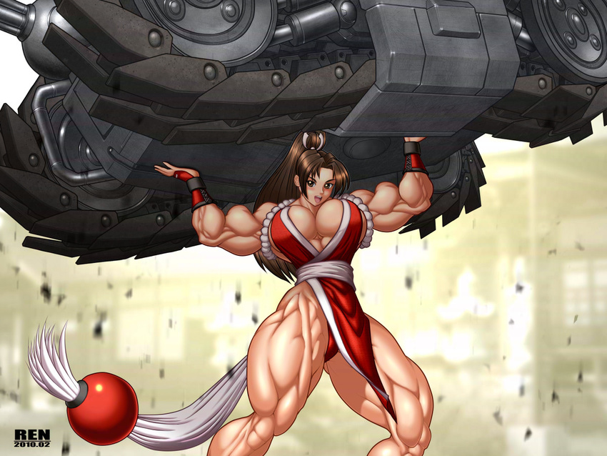 breasts brown_eyes brown_hair caterpillar_tracks cleavage fatal_fury fingerless_gloves gauntlets gloves ground_vehicle large_breasts lifting metal_slug military military_vehicle motor_vehicle muscle muscular_female pelvic_curtain ponytail ren_(tainca2000) revealing_clothes ribbon sash shiranui_mai snk sv001_(metal_slug) tank the_king_of_fighters