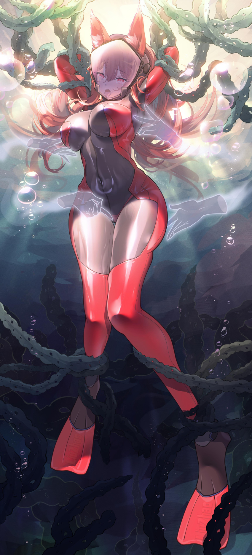 1girl absurdres air_bubble animal_ear_fluff animal_ears arms_up artist_name bangs bodysuit bound bound_arms bound_legs breasts brown_hair bubble chinese_commentary commentary_request covered_navel disembodied_limb diving_suit flippers full_body hair_between_eyes highres imaizumi_kagerou large_breasts liu_zhao long_hair looking_away mask open_mouth red_bodysuit red_eyes scuba skin_tight solo tentacles tongue tongue_out touhou underwater water wolf_ears