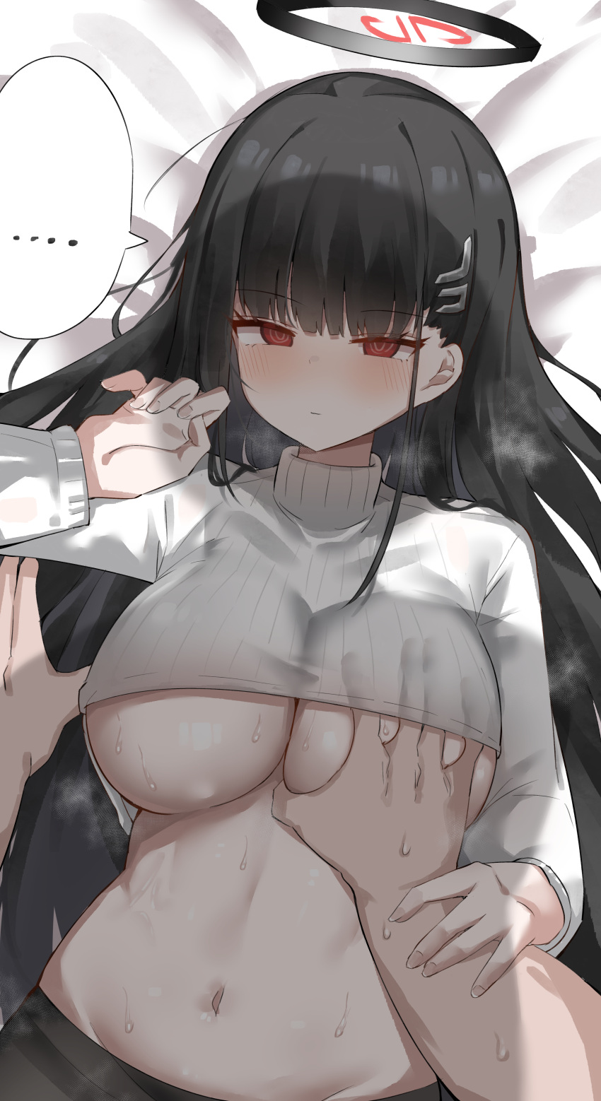 1boy 1girl absurdres black_hair blue_archive breast_grab breasts clothes_lift doldol_(rkwowlqrp) grabbing guided_breast_grab guiding_hand hair_ornament hairclip halo hand_under_clothes hand_up hetero highres long_hair lying navel on_back on_bed red_eyes rio_(blue_archive) shadow shirt_lift sweat turtleneck underboob