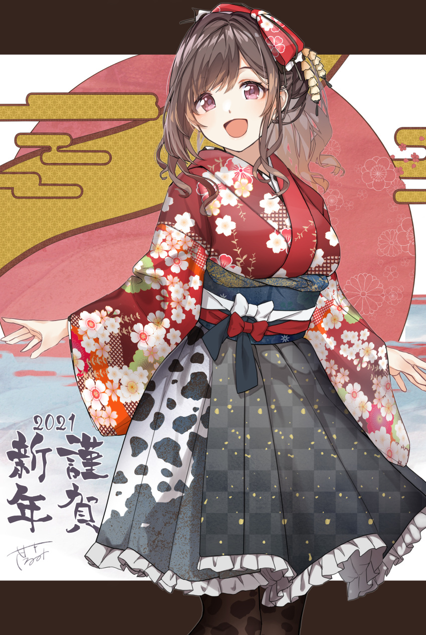 1girl 2021 :d absurdres animal_print apron bow brown_hair chinese_zodiac commentary_request cow_print floral_print frilled_skirt frills hair_bow happy_new_year highres idolmaster idolmaster_shiny_colors japanese_clothes kimono long_hair looking_at_viewer new_year obi open_mouth pekoni_(peconi) pleated_skirt purple_eyes sash skirt smile solo tsukioka_kogane waist_apron wide_sleeves year_of_the_ox