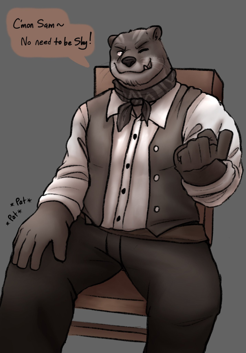 anthro beckoning bottomwear clothed clothing confident cookiedoh2 dialogue echo_(series) echo_project finger_curl flirting fully_clothed gesture hi_res lutrine male mammal mustelid necktie patting_lap sitting solo sound_effects text the_smoke_room todd_bronson topwear vest video_games visual_novel