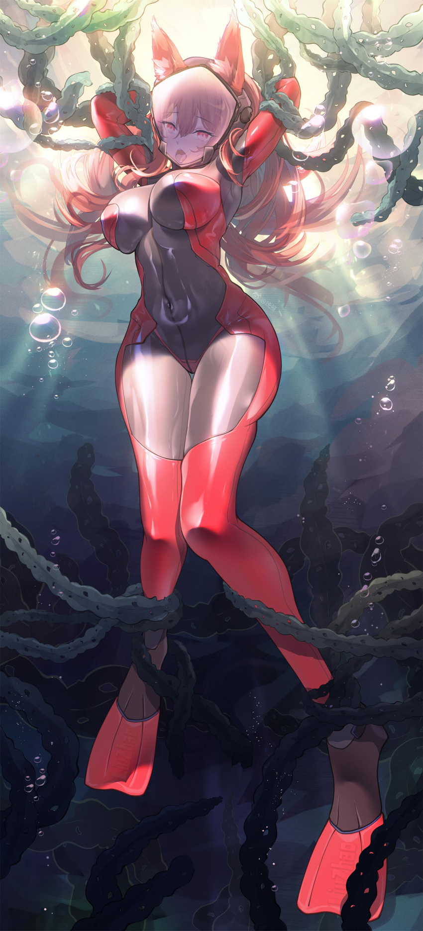 1girl absurdres air_bubble animal_ear_fluff animal_ears arms_up artist_name bangs bodysuit bound bound_arms bound_legs breasts brown_hair bubble chinese_commentary commentary_request covered_navel diving_suit flippers full_body hair_between_eyes highres imaizumi_kagerou large_breasts liu_zhao long_hair looking_away mask open_mouth red_bodysuit red_eyes scuba skin_tight solo tentacles tongue tongue_out touhou underwater water wolf_ears