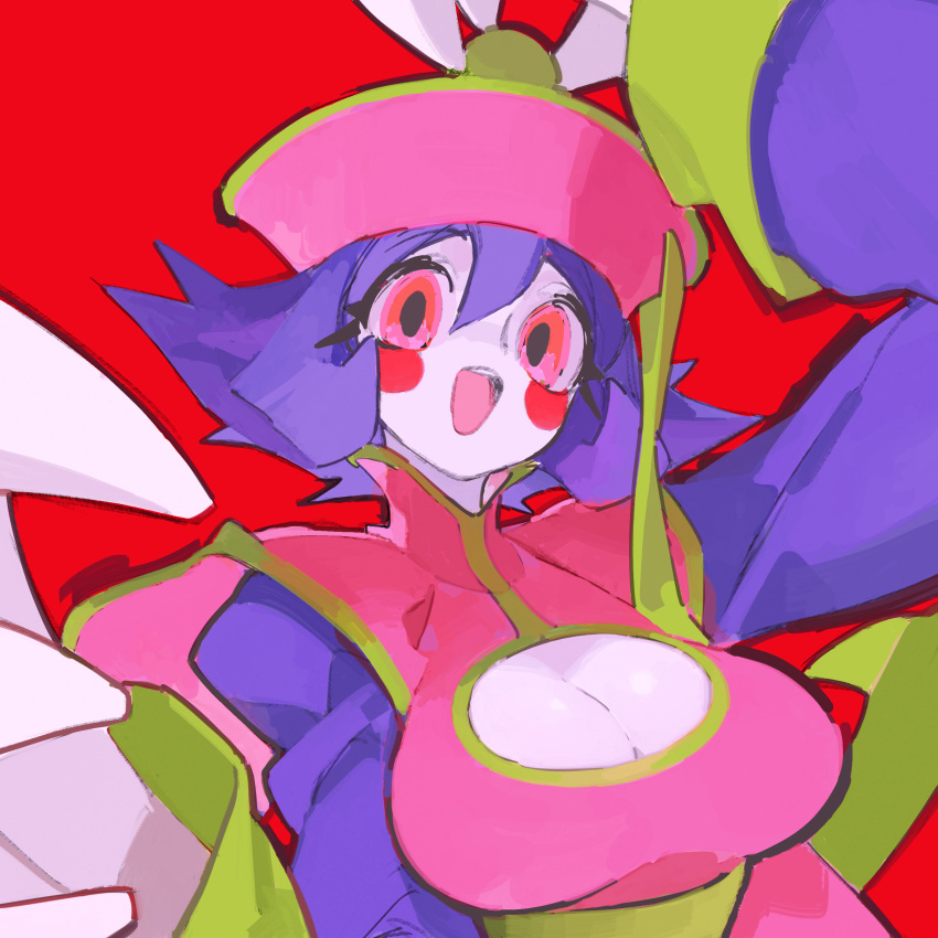 1girl :o absurdres bangs blue_skin breasts china_dress chinese_clothes cleavage cleavage_cutout cleavage_reach clothing_cutout colored_skin commentary_request dress flipped_hair hair_between_eyes hat highres jiangshi large_breasts lei_lei liba_(leo8d) looking_at_viewer ofuda open_mouth pink_headwear purple_hair qing_guanmao red_background red_eyes short_hair simple_background solo turtleneck upper_body vampire_(game)