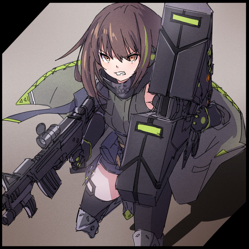 1girl assault_rifle bangs black_background black_border black_gloves black_thighhighs border brown_eyes brown_hair clenched_teeth commentary_request elbow_gloves girls'_frontline gloves green_hair green_sweater grey_background gun hair_between_eyes highres holding holding_gun holding_weapon kuro_kosyou looking_away m4_carbine m4a1_(girls'_frontline) multicolored_hair name_connection object_namesake ribbed_sweater rifle solo standing standing_on_one_leg streaked_hair sweater teeth thighhighs two-tone_background v-shaped_eyebrows weapon