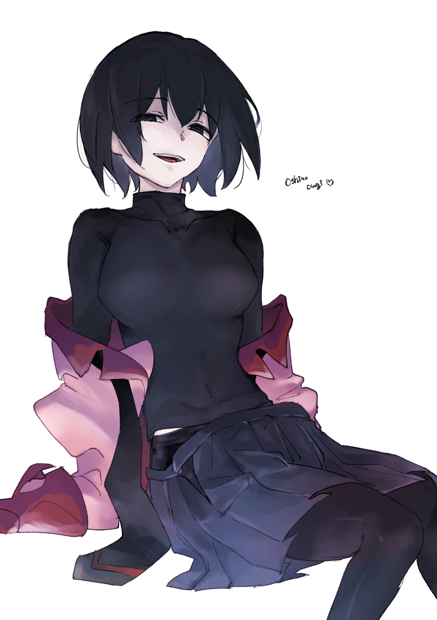 1girl :d absurdres black_eyes black_hair black_necktie black_pantyhose black_undershirt bob_cut breasts character_name clothes_pull collarbone commentary dress_shirt empty_eyes feet_out_of_frame hair_strand hatahata_(okkrslk) heart highres knees_together_feet_apart large_breasts looking_at_viewer messy_hair midriff_peek monogatari_(series) naoetsu_high_school_uniform narrowed_eyes necktie off_shoulder open_clothes open_mouth open_shirt open_skirt oshino_ougi pale_skin pantyhose pink_shirt pleated_skirt romaji_text school_uniform shirt simple_background sitting skirt skirt_pull sleeves_past_fingers sleeves_past_wrists smile solo turtleneck undone_necktie undressing white_background