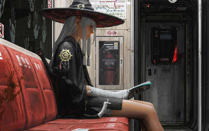 1girl animal bandaged_arm bandaged_leg bandaged_tail bandages bangs black_cat blood booth_seating cat earrings fire_extinguisher from_side guweiz hat highres holding holding_magazine jewelry long_hair looking_down low-tied_long_hair magazine_(object) original seat sidelocks sitting sliding_doors thighs train_interior white_hair window witch_hat