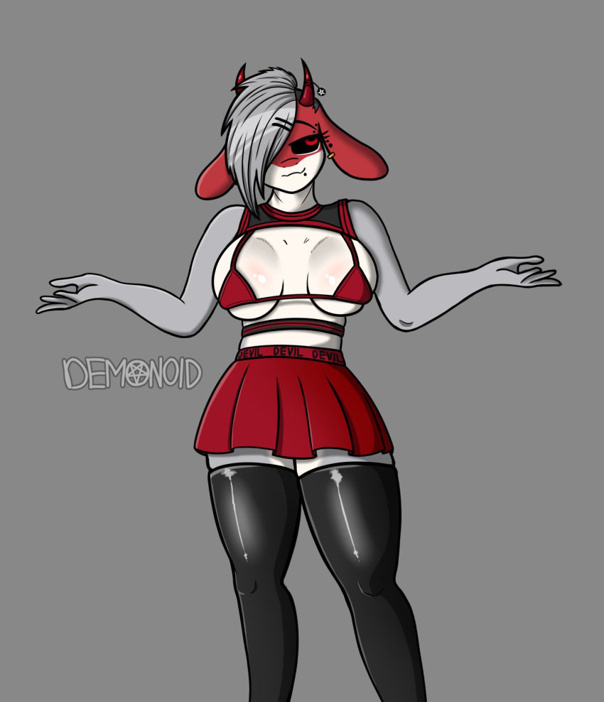 anthro arms_out ashen_(paindemonoidsex) big_breasts bottomwear bovid bra breasts caprine caprine_demon clothed clothing demon digital_media_(artwork) ear_piercing ear_ring female gesture goat goat_demon grey_body hair hair_over_eye hi_res horn legwear mammal one_eye_obstructed paindemonoidsex piercing red_bottomwear red_clothing red_ears red_eyes red_skirt ring_piercing short_hair shrug simple_background skirt smile solo standing thick_thighs thigh_highs underwear white_body