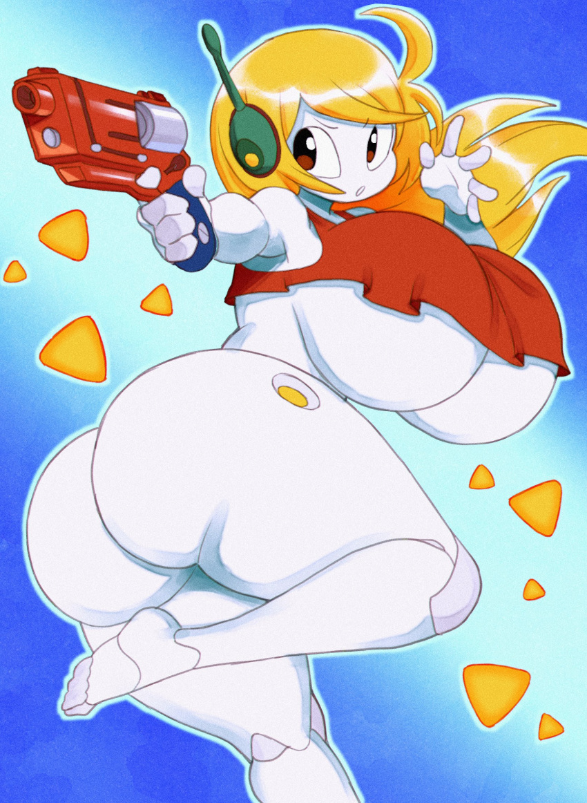 android angstrom big_breasts big_butt blonde_hair bottomless breasts brown_eyes butt cave_story clothed clothing curly_brace female gun hair hi_res holding_gun holding_object holding_weapon huge_breasts huge_butt humanoid looking_back machine open_mouth ranged_weapon robot robot_humanoid shirt solo tank_top thick_thighs topwear video_games weapon white_body