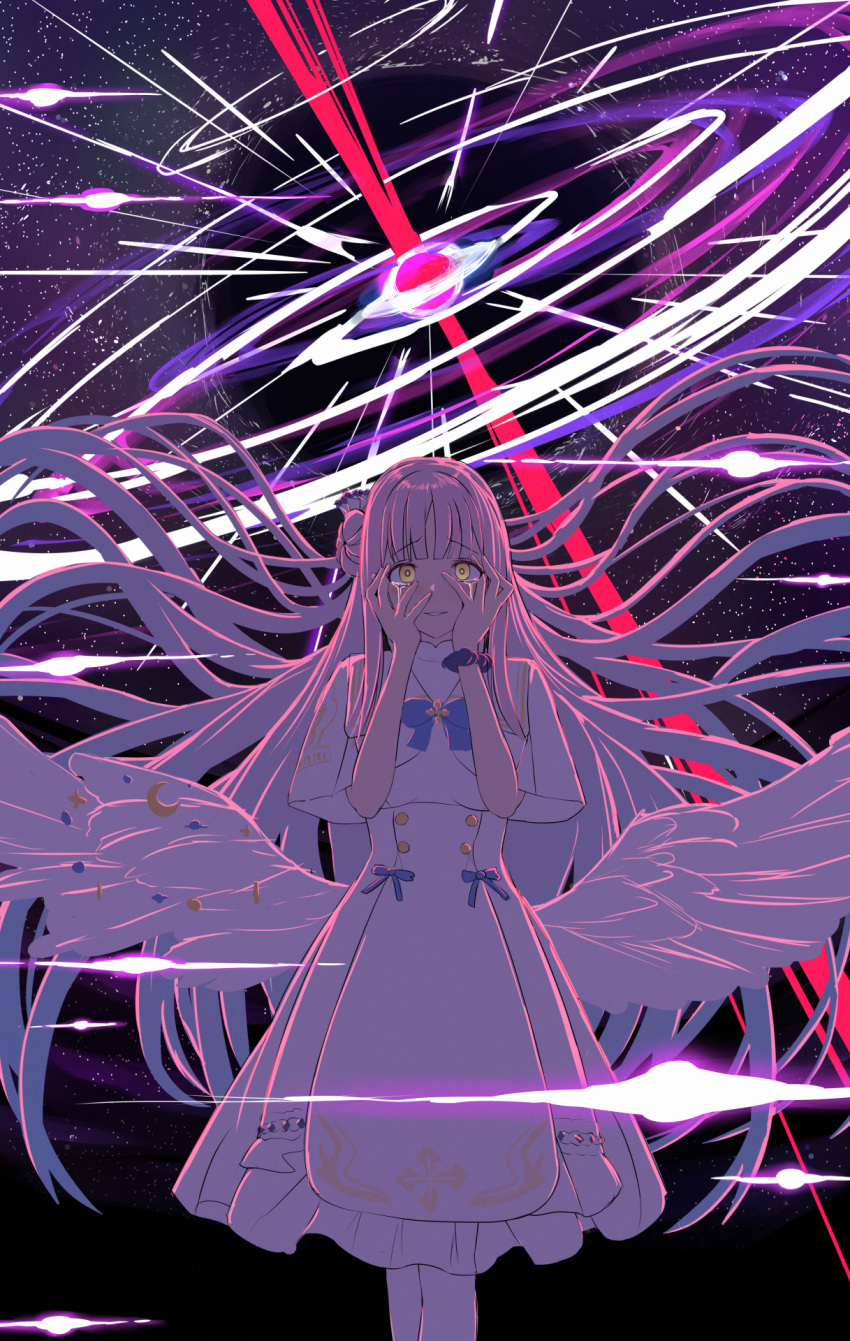 1girl angel_wings bangs blue_archive blue_bow blunt_bangs bow capelet commentary_request crazy_eyes crescent crying crying_with_eyes_open dress feathered_wings floating_hair flower hair_bun hair_flower hair_ornament halo hands_on_own_face highres long_hair looking_at_viewer mika_(blue_archive) one_side_up pink_hair school_uniform scrunchie sidelocks silver_bullet_(ecc12_8) single_side_bun solo tears white_dress white_wings wings wrist_scrunchie yellow_eyes