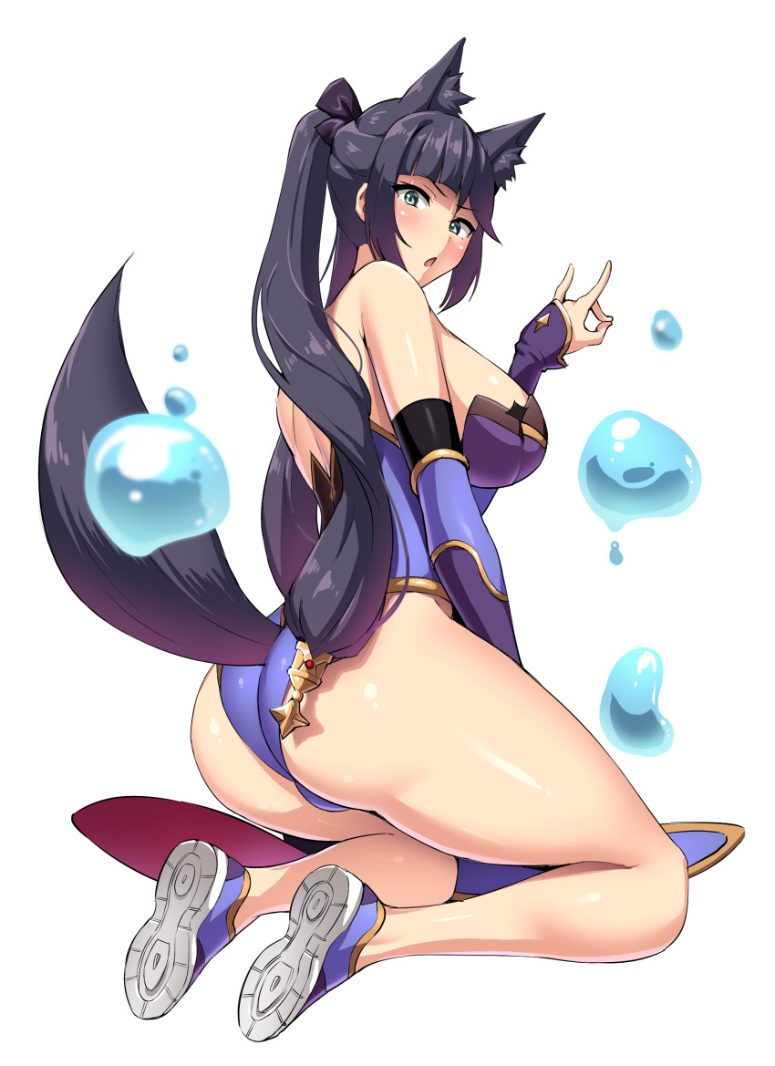 1girl absurdres animal_ears bad_link black_hair breasts detached_sleeves fox_ears fox_girl fox_tail genshin_impact hat hat_removed headwear_removed highres kneeling large_breasts leotard long_hair looking_at_viewer magic mona_(genshin_impact) open_mouth shoes sidelocks simple_background sole_gem solo tail twintails water white_background