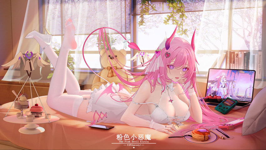 1girl :d bangs bed book breasts cleavage computer cupcake demon_horns demon_tail elysia_(herrscher_of_human:ego)_(honkai_impact) elysia_(honkai_impact) feet fingerless_gloves food fork full_body game_boy game_boy_color gloves handheld_game_console heart-heavenly5 high_heels highres honkai_(series) honkai_impact_3rd horns indoors laptop large_breasts legs lips long_hair looking_at_viewer lying nightgown nintendo_switch on_bed on_stomach open_mouth pancake pancake_stack pantyhose pillow pink_eyes pink_hair plate shoes single_shoe smile soles solo stuffed_animal stuffed_toy tail teddy_bear the_pose thighhighs toes white_curtains white_footwear white_gloves white_nightgown white_thighhighs window