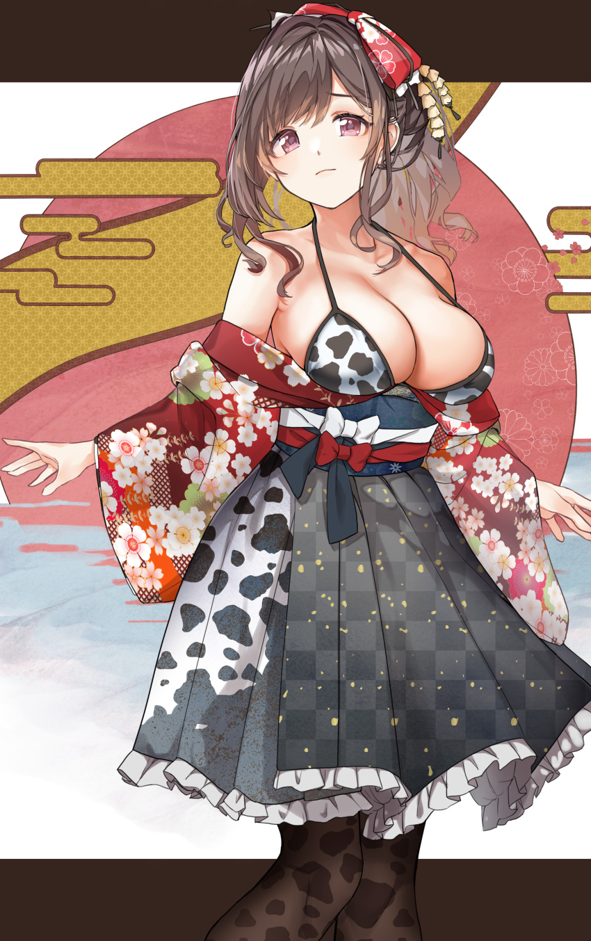 1girl 2021 absurdres animal_print apron bikini bikini_top_only bow brown_hair chinese_zodiac commentary_request cow_print floral_print frilled_skirt frills hair_bow happy_new_year highres idolmaster idolmaster_shiny_colors japanese_clothes kimono long_hair looking_at_viewer new_year obi open_clothes open_kimono pekoni_(peconi) pleated_skirt print_bikini purple_eyes sash skirt smile solo swimsuit tsukioka_kogane waist_apron wide_sleeves year_of_the_ox