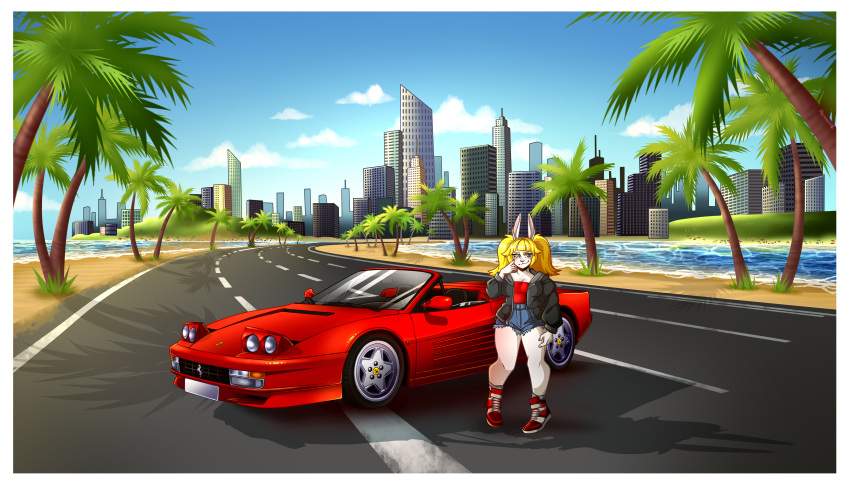 2020 80's_theme absurd_res anthro beach beach_umbrella black_clothing black_jacket black_topwear blomde_hair blue_eyes border bottomwear car city city_background cityscape clothed clothing cloud convertible cutoffs day denim denim_clothing female ferrari ferrari_testarossa finger_on_face footwear fur hi_res hightop_sneakers hotpants jacket lagomorph leporid long_ears mammal open_clothing open_jacket open_topwear outside palm_tree pigtails plant rabbit red_car red_clothing red_footwear red_shoes red_sneakers red_topwear renneon road sand sea seaside shoes shorts sky skyscraper slightly_chubby sneakers solo sports_car supercar thick_thighs topwear tree umbrella vehicle water white_body white_border white_fur