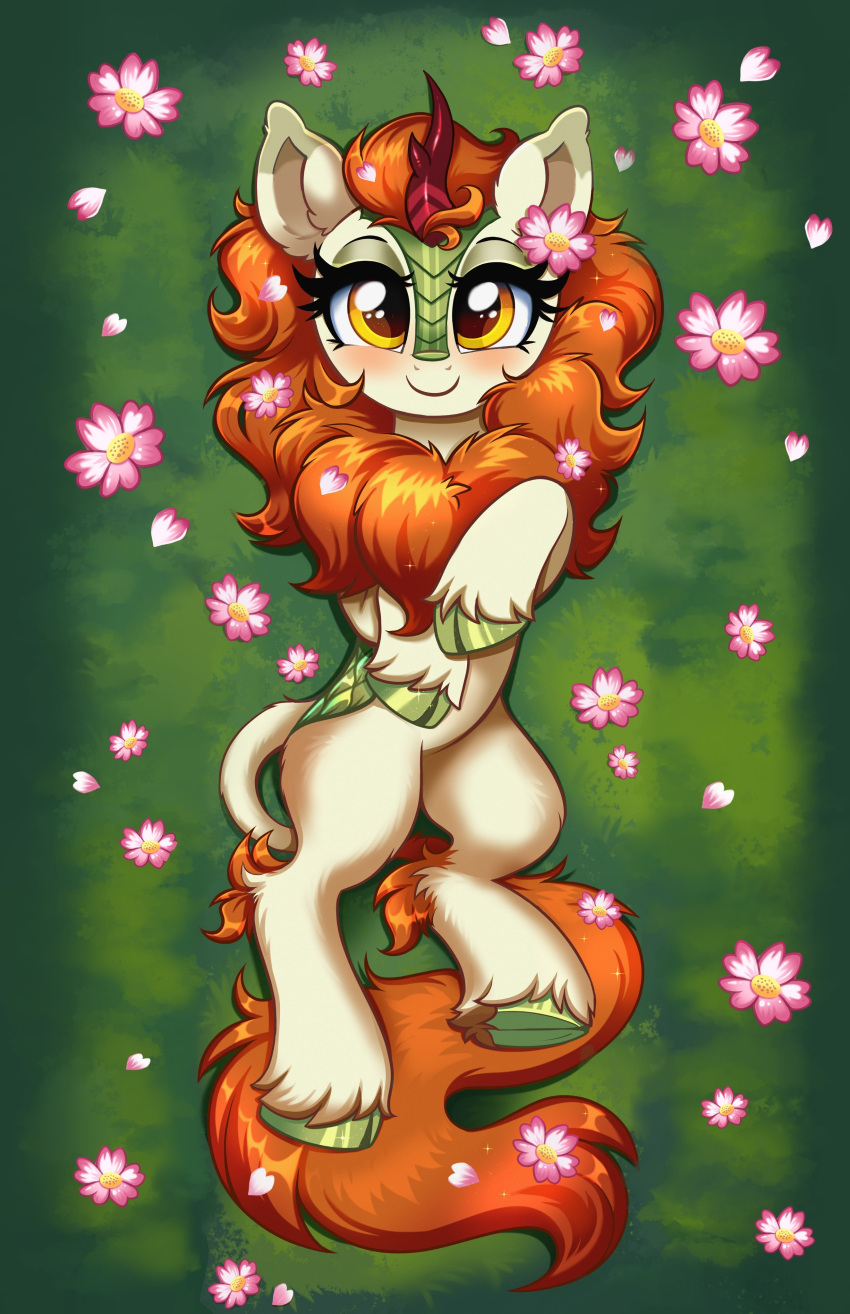 absurd_res accessory asian_mythology autumn_blaze_(mlp) blush chinese_mythology cloven_hooves confetticakez east_asian_mythology eyelashes female feral flower flower_in_hair flower_petals friendship_is_magic fur grass green_body green_fur green_hooves green_scales hair hair_accessory hasbro hi_res hooves horn kirin lying mane my_little_pony mythology on_back orange_mane petals plant red_horn scales smile solo yellow_eyes