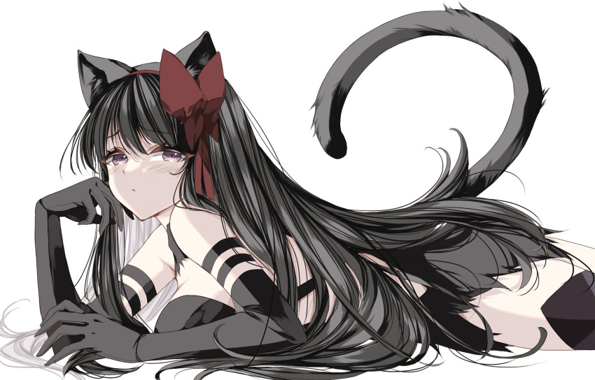 1girl akemi_homura akuma_homura animal_ears argyle argyle_legwear bare_shoulders black_gloves black_hair cat_ears cat_tail gloves highres image_sample long_hair lying mahou_shoujo_madoka_magica mahou_shoujo_madoka_magica:_hangyaku_no_monogatari misteor on_stomach purple_eyes ribbon solo tail twitter_sample white_background