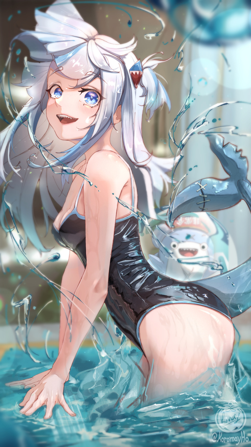 1girl :d bangs black_one-piece_swimsuit bloop_(gawr_gura) blue_hair blurry blurry_background blush breasts fish_tail from_side gawr_gura hair_ornament highres hololive hololive_english koromay_ho long_hair looking_to_the_side multicolored_hair one-piece_swimsuit one_side_up poll shark_girl shark_hair_ornament shark_tail short_twintails small_breasts smile solo streaked_hair swimsuit tail twintails virtual_youtuber wading water white_hair