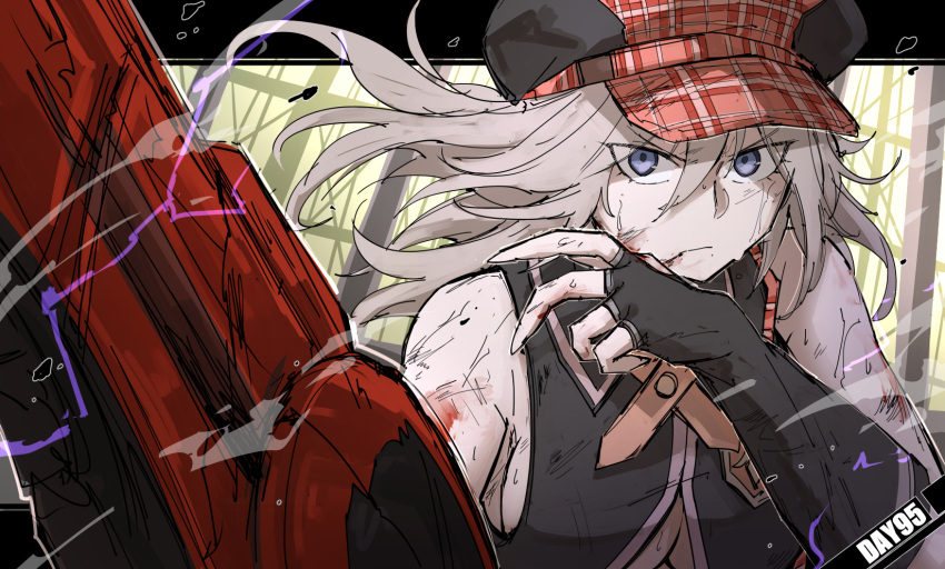 1girl alisa_ilinichina_amiella bangs bare_shoulders black_vest blood blood_on_face blood_stain blue_eyes breasts bruise cabbie_hat closed_mouth commentary elbow_gloves fingerless_gloves floating_hair gloves god_eater god_eater_burst grey_hair hair_between_eyes hand_up hat highres holding holding_sword holding_weapon huge_weapon injury kankan33333 large_breasts long_hair looking_at_viewer plaid plaid_headwear red_headwear sidelocks solo suspenders sweat sword underboob upper_body vest weapon
