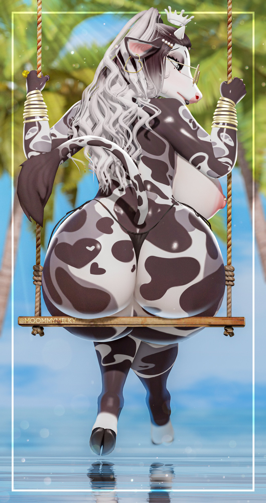 absurd_res big_breasts big_butt bovid bovine breasts butt cattle clothing digital_media_(artwork) ear_piercing eyewear female g-string glasses hair hi_res horn jewelry long_hair mammal moommymilky nipple_piercing nipples piercing rear_view swing underwear watermark