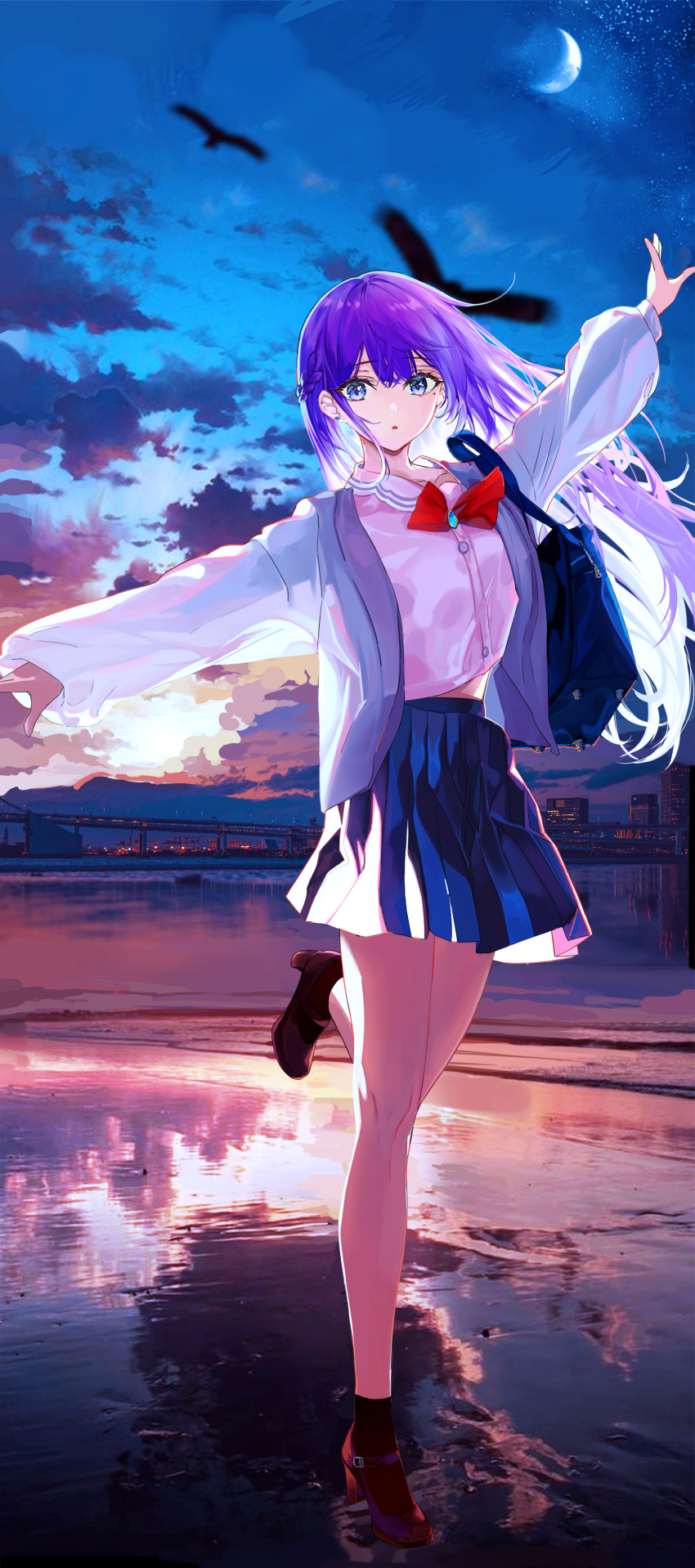 1girl :o absurdres arm_up bag bangs bird black_bird black_socks blue_eyes blue_skirt bow bowtie braid bridge building cityscape cloud crescent_moon eggs_zero evening floating_hair full_body high_heels highres jacket legs long_hair long_sleeves looking_at_viewer mole mole_under_eye moon original outstretched_arms parted_lips pleated_skirt purple_hair red_bow red_bowtie reflection reflective_water scenery school_uniform see-through see-through_silhouette see-through_sleeves shirt shoulder_bag sidelocks skirt sky socks solo standing standing_on_liquid standing_on_one_leg star_(sky) starry_sky thighs water white_shirt