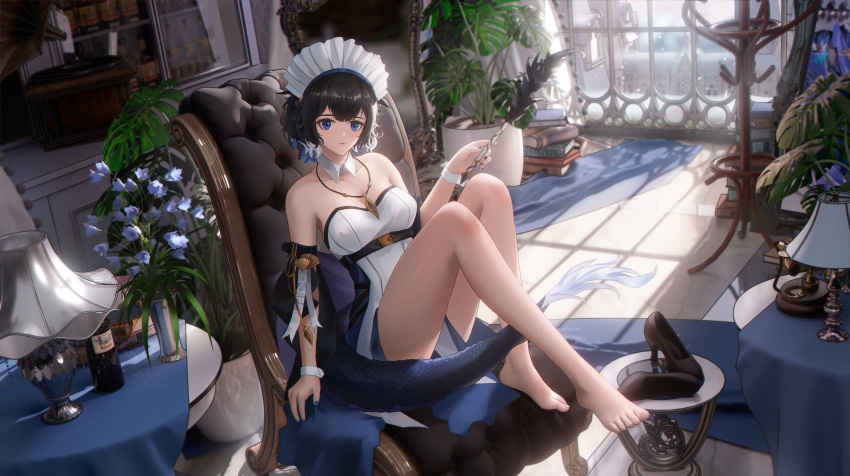 1girl absurdres arknights barefoot black_hair blue_eyes blue_flower blue_hair bottle breasts dress flower fur-tipped_tail headdress high_heels highres holding indoors jewelry kjera_(arknights) kjera_(ingenious_servant)_(arknights) lamp ling_dianxia looking_at_viewer maid medium_breasts multicolored_hair necklace official_alternate_costume phonograph plant potted_plant shadow shoes shoes_removed short_hair sitting solo strapless strapless_dress streaked_hair sunlight tail white_dress white_hair window