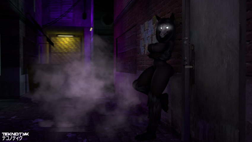 3d_(artwork) against_surface against_wall alley anthro arm_under_breasts black_body black_fur black_hair bone breasts butt canid canine crossed_arms digital_media_(artwork) dim_lighting female fur glowing glowing_eyes hair hi_res leaning_on_wall looking_at_viewer malo mammal monster night nipples nude public public_nudity scp-1471 scp-1471-a scp_foundation skull skull_head solo source_filmmaker teknotyk watermark white_eyes