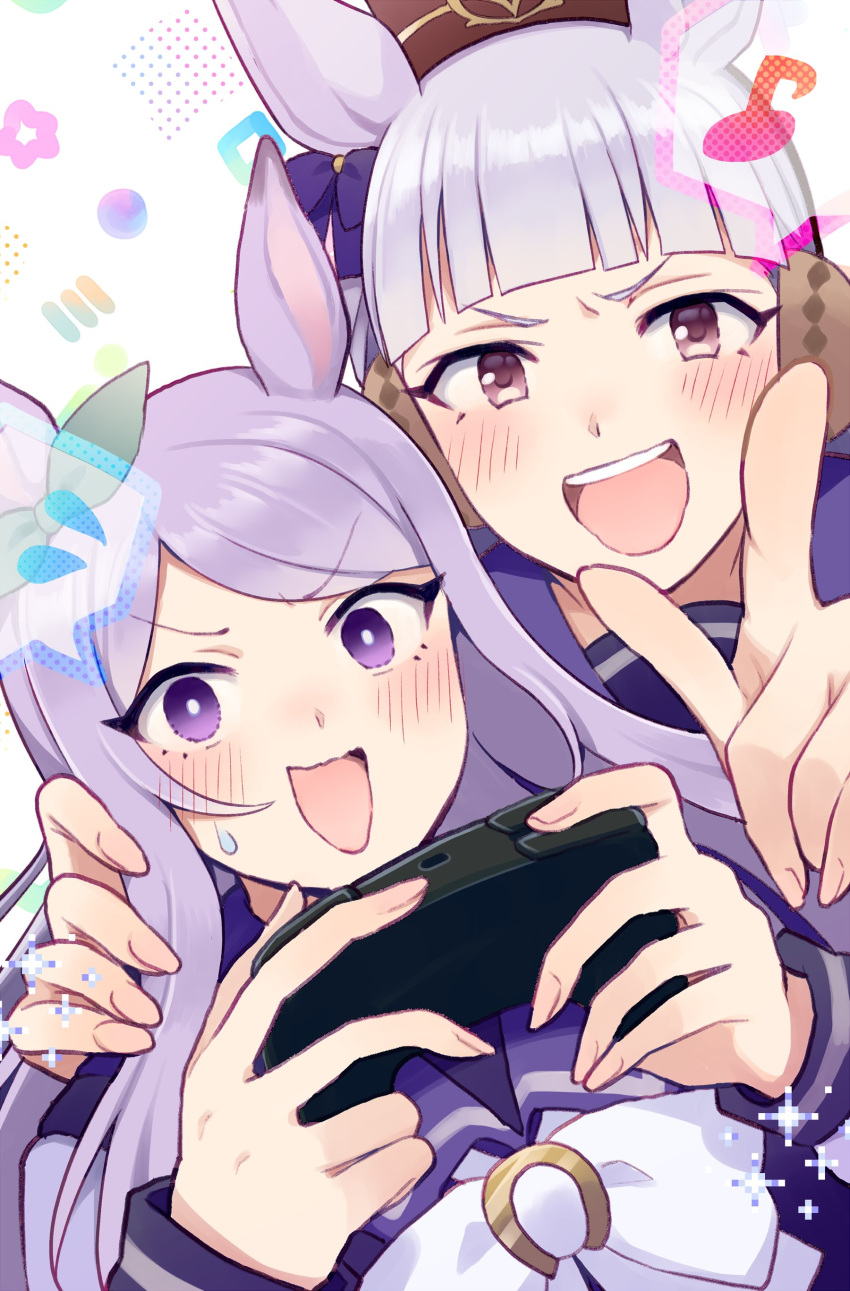 2girls :d absurdres animal_ears bangs blunt_bangs blush bow bowtie brown_headwear controller game_controller gold_ship_(umamusume) grey_hair gum_(vivid_garden) highres holding holding_controller holding_game_controller horse_ears horse_girl horseshoe_ornament long_hair mejiro_mcqueen_(umamusume) multiple_girls pillbox_hat pointing pointing_at_viewer purple_eyes purple_hair purple_serafuku purple_shirt sailor_collar sailor_shirt school_uniform serafuku shirt smile swept_bangs tracen_school_uniform umamusume wavy_mouth white_bow white_bowtie