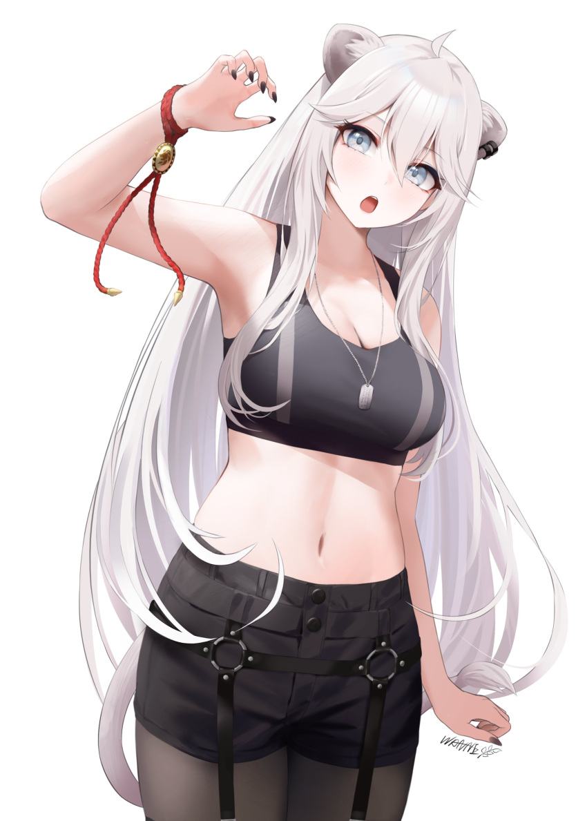 1girl absurdres ahoge animal_ears bangs black_nails black_shorts black_sports_bra blue_eyes breasts ear_piercing hair_between_eyes highres hololive large_breasts lion_ears lion_tail long_hair navel open_mouth pantyhose piercing shishiro_botan shorts simple_background solo sports_bra stomach tail very_long_hair virtual_youtuber wanne white_background white_hair