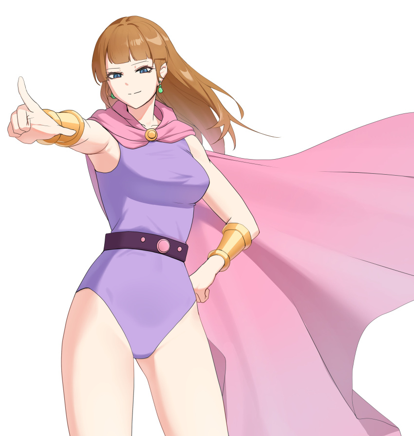 1girl absurdres bangs belt blue_eyes bracer breasts character_request cloak closed_mouth copper counter:side earrings feet_out_of_frame hand_on_hip highres jewelry leotard long_hair looking_at_viewer medium_breasts orange_hair pink_cloak purple_leotard smile solo standing thighs white_background