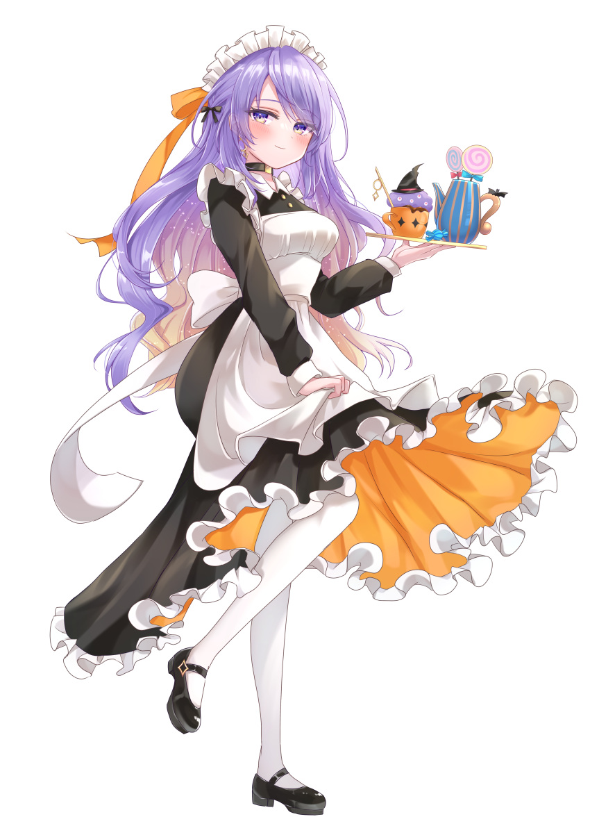 1girl absurdres apron apron_hold bangs black_choker black_dress black_footwear blonde_hair blush candy choker closed_mouth cup dress earrings food frilled_dress frills full_body gradient_hair highres holding holding_tray hololive hololive_indonesia hoop_earrings jewelry lollipop long_hair long_sleeves looking_at_viewer maid maid_apron maid_headdress moona_hoshinova multicolored_hair null_maru pantyhose purple_hair shoes simple_background smile solo standing standing_on_one_leg starry_hair swirl_lollipop tray two-tone_hair virtual_youtuber white_background white_pantyhose