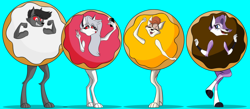 anthro canid canid_demon clothing costume demon dessert donut_costume doughnut doughnut_costume female food food_costume group hellhound helluva_boss hi_res jackie_brulay kigtoons loona_(helluva_boss) male mammal pyron pyron_arts sunny_flores