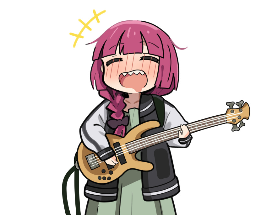 1girl @_@ absurdres bangs bass_guitar black_bow black_jacket black_nails blunt_bangs bocchi_the_rock! bow braid closed_eyes dress drooling green_dress hair_bow hair_over_shoulder highres hiroi_kikuri holding holding_instrument instrument jacket long_hair long_sleeves mitche mouth_drool multicolored_clothes multicolored_jacket music open_clothes open_jacket open_mouth playing_instrument purple_hair sharp_teeth simple_background single_braid smile solo teeth two-tone_jacket white_background white_jacket