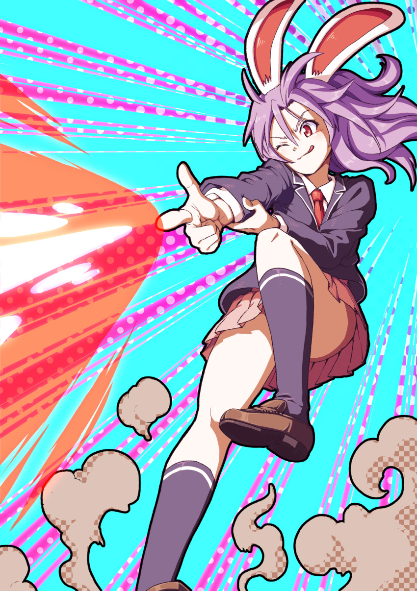1girl :q ;) animal_ears ass black_jacket black_socks blazer blue_background brown_footwear commentary convenient_leg danmaku dust finger_gun firing floating_hair hand_on_own_arm highres inuno_rakugaki jacket kneehighs laser loafers long_hair mixed-language_commentary necktie one_eye_closed outstretched_arm pink_skirt pleated_skirt polka_dot polka_dot_background purple_hair rabbit_ears red_eyes red_necktie reisen_udongein_inaba shoes skirt smile socks solo tongue tongue_out touhou v-shaped_eyebrows