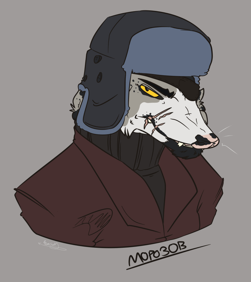 absurd_res anthro bust_portrait clothing coat colored_sketch didelphid eye_patch eyewear fur grey_body grey_fur hat headgear headwear hi_res male mammal marsupial morozov_(possumgod) mottled mottled_body mottled_fur piebald piebald_body piebald_fur portrait possumgod russian_text scar sketch solo spots spotted_body spotted_fur sweater text topwear turtleneck ushanka white_body white_fur yellow_eyes