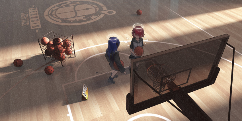 2girls arknights ball bangs basketball basketball_court basketball_hoop black_footwear black_jacket blue_hair exusiai_(arknights) from_above full_body hair_over_one_eye halo highres holding holding_ball jacket long_hair looking_at_another mostima_(arknights) multiple_girls open_mouth red_eyes red_hair shadow short_hair short_sleeves standing sunjinghan0801_(mokacoat) tail white_jacket wooden_floor