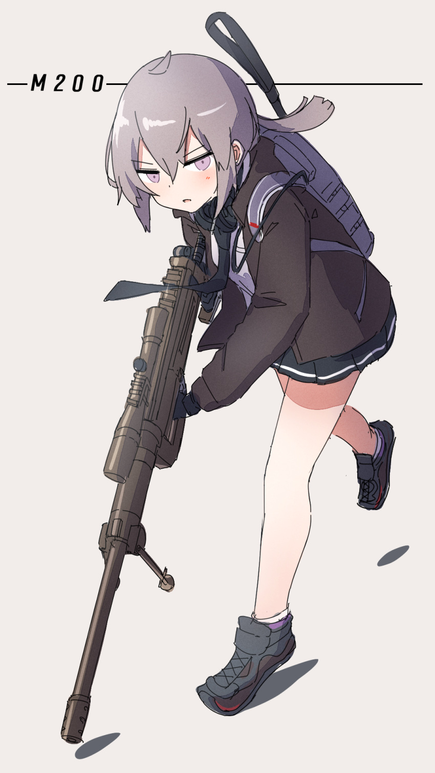 1girl ahoge ankle_socks backpack bag bangs black_jacket black_necktie black_skirt bolt_action character_name cheytac_m200 commentary_request girls'_frontline grey_background grey_footwear grey_hair gun hair_between_eyes highres holding holding_gun holding_weapon jacket kuro_kosyou long_hair m200_(girls'_frontline) name_connection necktie object_namesake open_clothes open_jacket parted_lips pleated_skirt purple_eyes rifle shadow shirt shoes simple_background skirt sniper_rifle sniper_scope socks solo walking weapon white_shirt white_socks