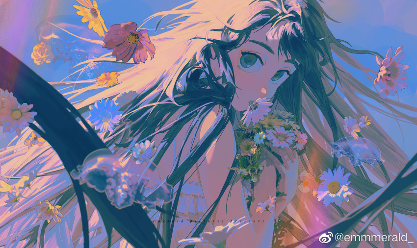 1girl bare_shoulders black_hair dress floating flower highres holy_pumpkin jellyfish long_hair looking_at_viewer original solo sundress sunflower