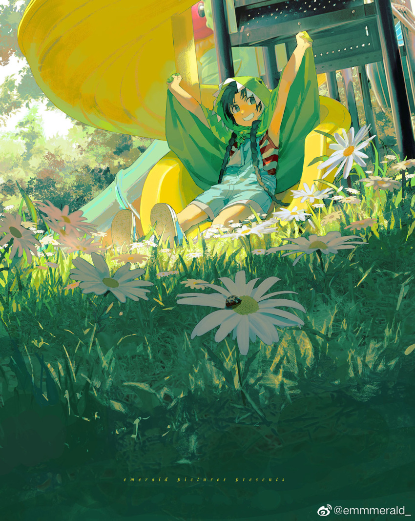 1boy arms_up daisy flower full_body highres holy_pumpkin male_child male_focus outdoors smile solo white_flower