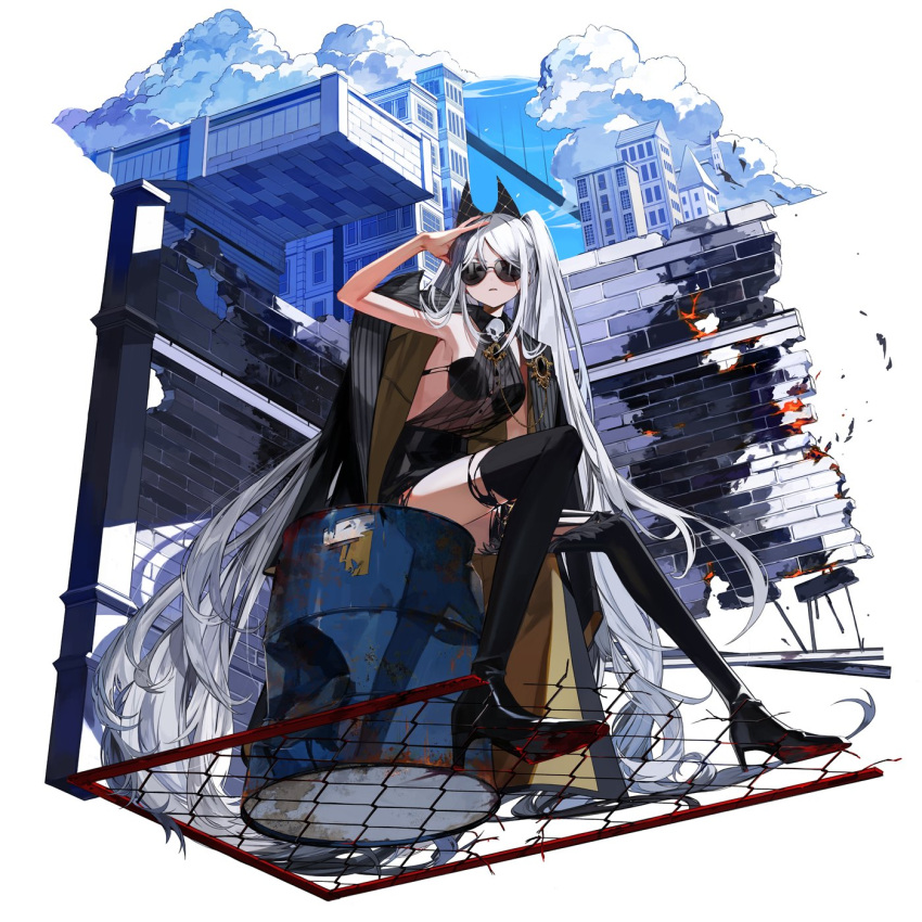 1girl alchemy_stars black_bra black_coat black_footwear black_skirt boots bra breasts brick_wall brooch building cloud coat coat_on_shoulders drum_(container) grey_hair hairband hand_on_own_head high_heels highres jewelry long_hair looking_at_viewer miniskirt mo_(mocopo) official_art outdoors parted_lips scar scar_across_eye see-through see-through_shirt shirt simple_background sitting skirt skull sleeveless sleeveless_shirt small_breasts smokey_(alchemy_stars) solo sunglasses thigh_boots torn_clothes twintails underwear very_long_hair white_background