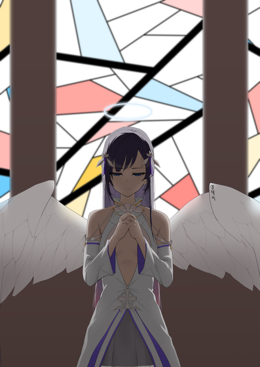 1girl absurdres angel_wings bangs blue_eyes breasts character_request church closed_mouth copper counter:side dress halo hand_on_hand highres long_hair looking_down purple_hair simple_background solo standing white_dress white_wings wings
