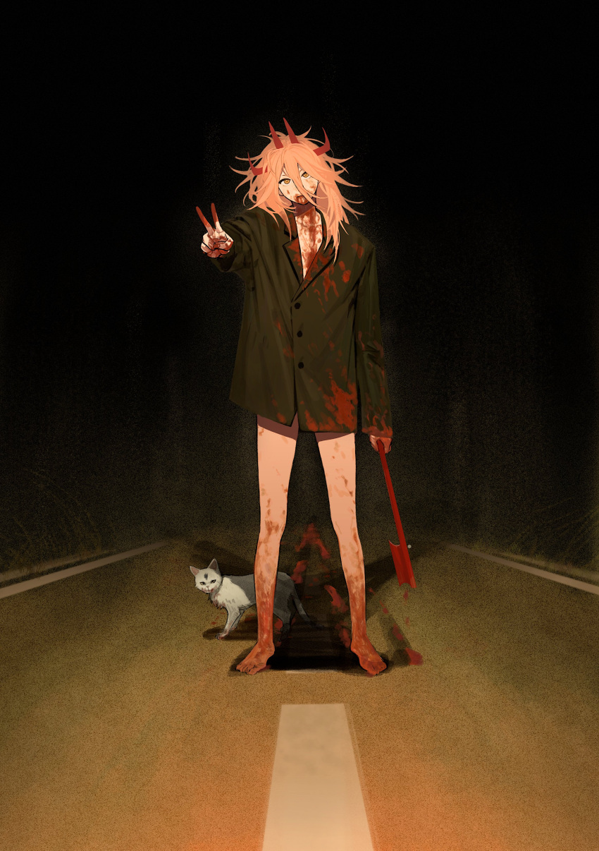 1girl 1other absurdres axe black_shirt blonde_hair blood blood_from_mouth blood_on_clothes blood_on_face blood_on_feet blood_on_hands bloody_footprints cat chainsaw_man collared_shirt dark dark_background extra_horns highres holding holding_axe holding_weapon horns li_chestnuts long_hair looking_at_viewer meowy_(chainsaw_man) messy_hair naked_shirt night power_(chainsaw_man) red_horns road shirt v weapon white_cat yellow_eyes