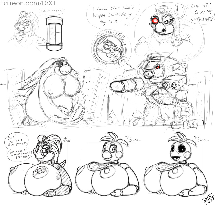 animatronic anthro areola armor avian beak big_breasts bird bow_tie breasts building cannon chicken city city_destruction claws digital_media_(artwork) dildo drxii english_text eyewear feathers female five_nights_at_freddy's five_nights_at_freddy's_2 frosti_loxxxe galliform gallus_(genus) glasses hair hi_res huge_breasts jagged_beak kaiju looking_at_viewer machine mecha monster mutagen mutation nipple_piercing nipples non-mammal_breasts nude oscine passerine penguin penny_locke phasianid piercing ranged_weapon robin_(bird) robot scottgames sex_toy smile solo speech_bubble text thick_thighs toy_chica_(fnaf) transformation tryst_(drxii) vehicle vibrator video_games weapon