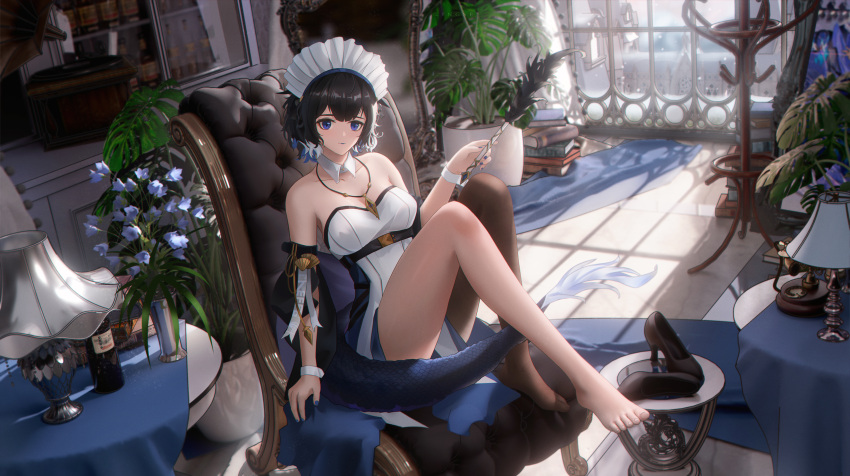 1girl absurdres arknights barefoot black_hair black_pantyhose blue_eyes blue_flower blue_hair bottle breasts dress flower fur-tipped_tail headdress high_heels highres holding indoors jewelry kjera_(arknights) kjera_(ingenious_servant)_(arknights) lamp ling_dianxia looking_at_viewer maid medium_breasts multicolored_hair necklace official_alternate_costume pantyhose phonograph plant potted_plant shadow shoes shoes_removed short_hair single_leg_pantyhose sitting solo strapless strapless_dress streaked_hair sunlight tail white_dress white_hair window