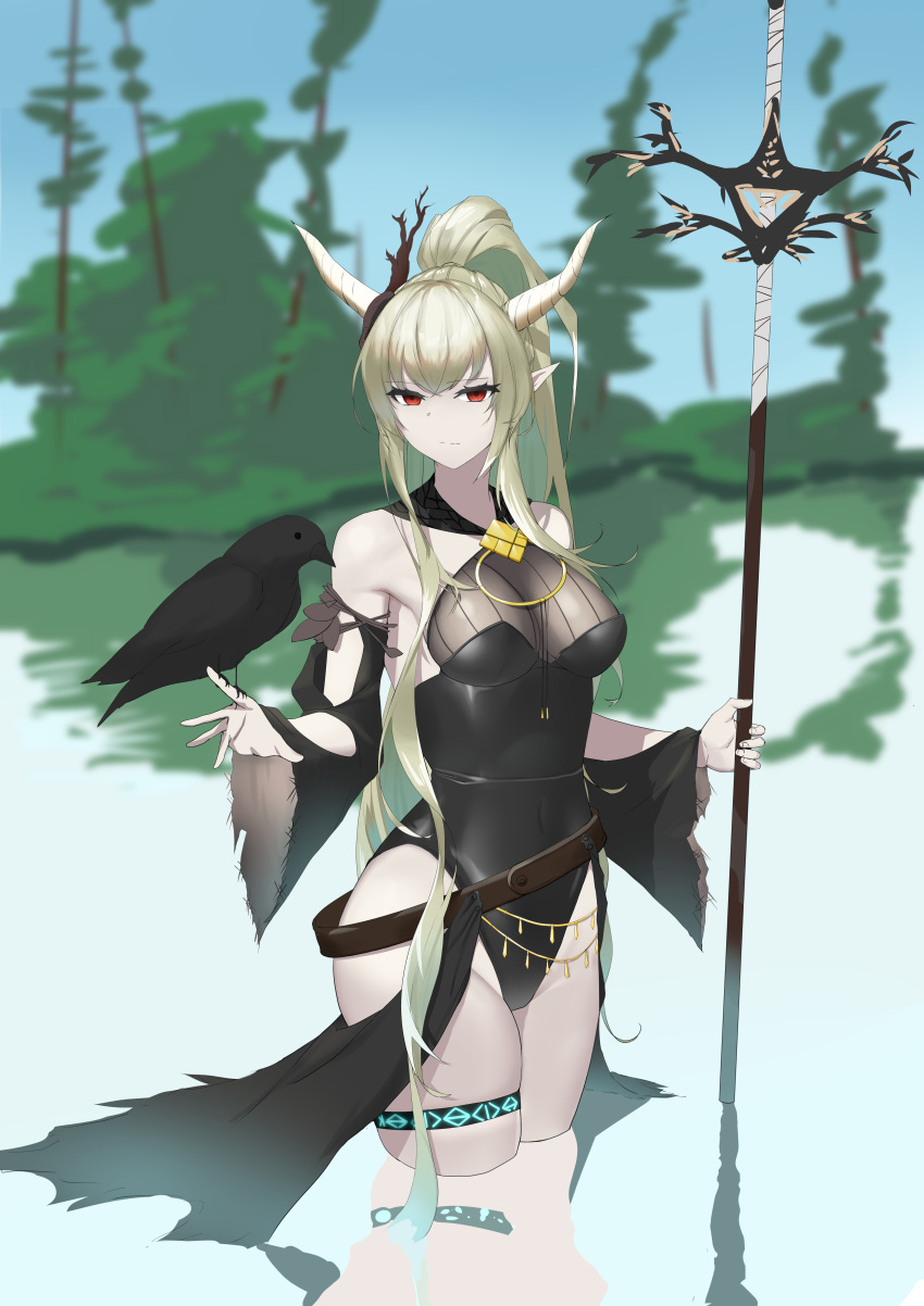 1girl absurdres arknights bangs bare_shoulders belt bird black_one-piece_swimsuit breasts closed_mouth copper cropped_legs highres holding holding_weapon horns light_green_hair long_hair looking_at_viewer medium_breasts official_alternate_costume one-piece_swimsuit pointy_ears ponytail red_eyes serious shining_(arknights) shining_(silent_night)_(arknights) sidelocks simple_background solo standing swimsuit thighs weapon