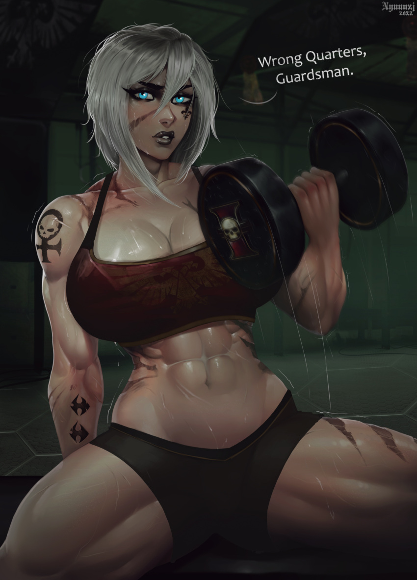 1girl abs adepta_sororitas black_shorts blue_eyes breasts cleavage dumbbell english_text exercise facial_tattoo highres large_breasts muscular muscular_female nyuunzi scar short_hair shorts shoulder_tattoo signature sitting solo sports_bra spread_legs tattoo thick_thighs thighs warhammer_40k white_hair