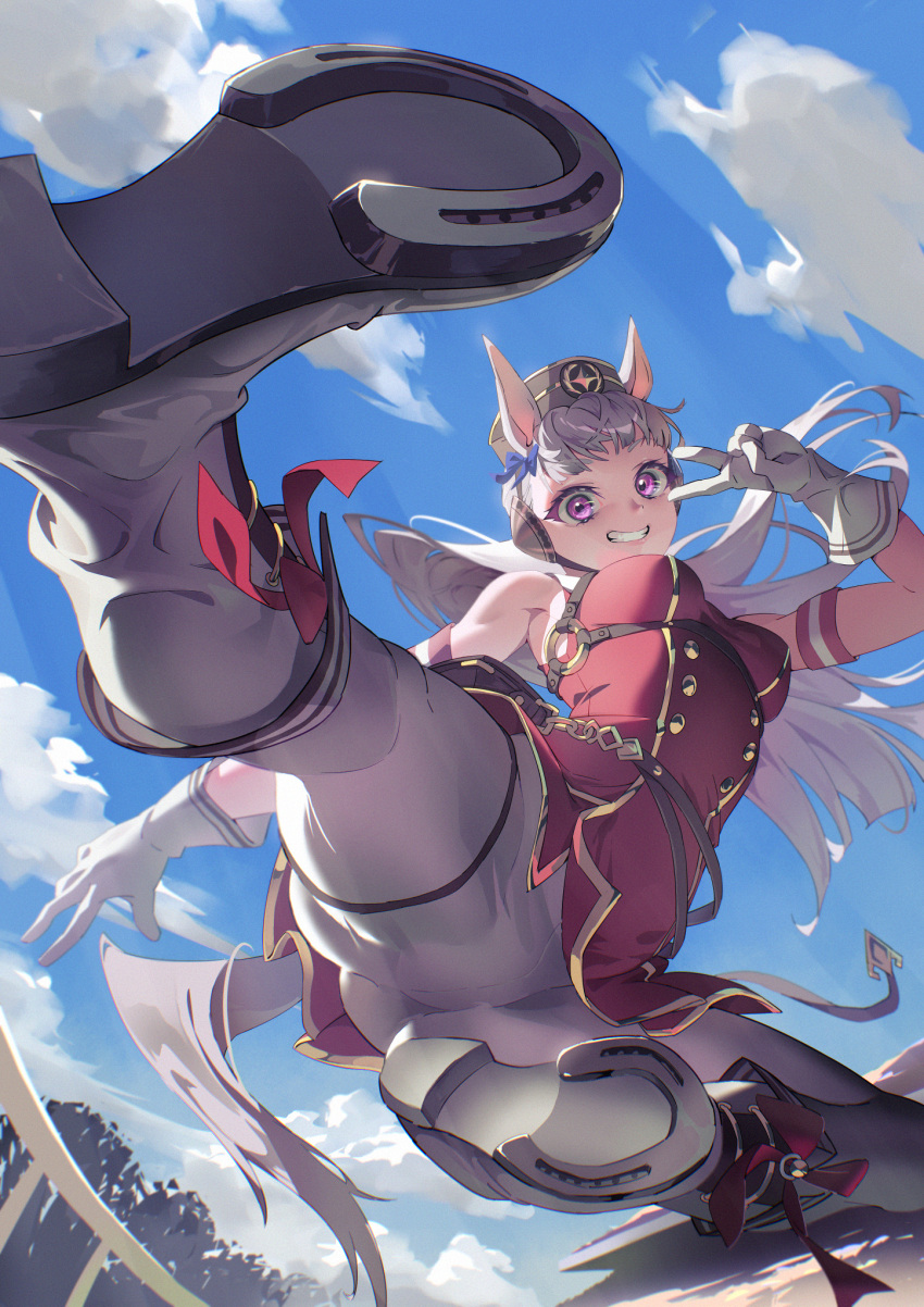 1girl :d animal_ears bangs bare_shoulders blue_sky blunt_bangs boots bow breasts cloud foreshortening full_body gloves gold_ship_(umamusume) grin hair_bow high_heel_boots high_heels high_kick highres horse_ears horse_girl horse_tail horseshoe kicking large_breasts leggings long_hair looking_at_viewer otokoe outdoors pillbox_hat purple_bow purple_eyes purple_hair red_shirt shirt shoe_soles sky sleeveless sleeveless_shirt smile solo tail teeth umamusume v white_footwear white_gloves white_leggings